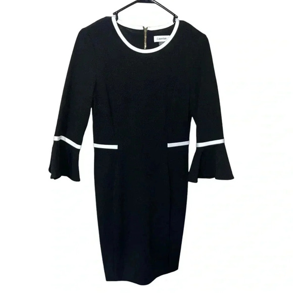 Calvin Klein Sheath Midi Dress Flounce Sleeve Black & White Funeral‎ Graduation - Picture 1 of 7